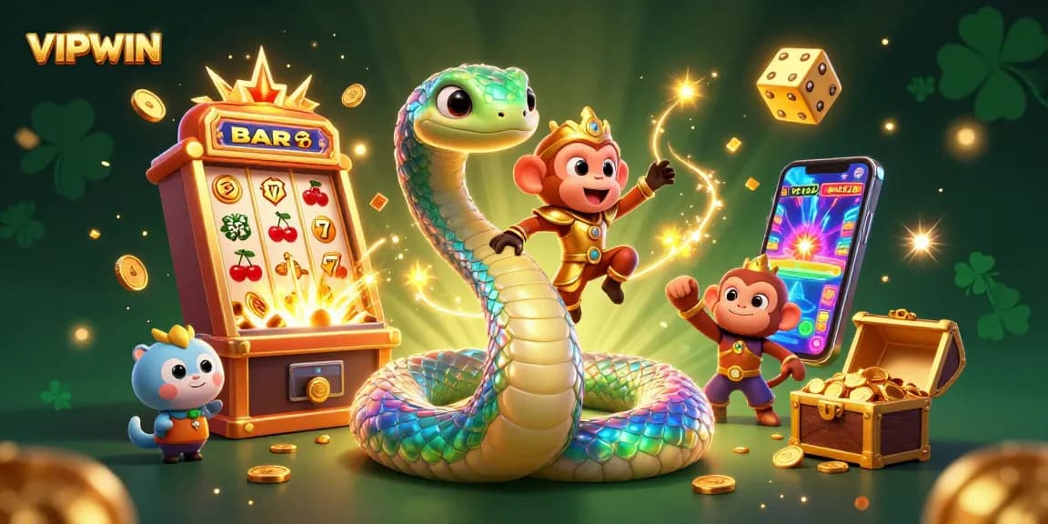 VIPWIN captivates players with a vibrant 3D casino extravaganza featuring a rainbow serpent and monkey king amidst dazzling slot machine action