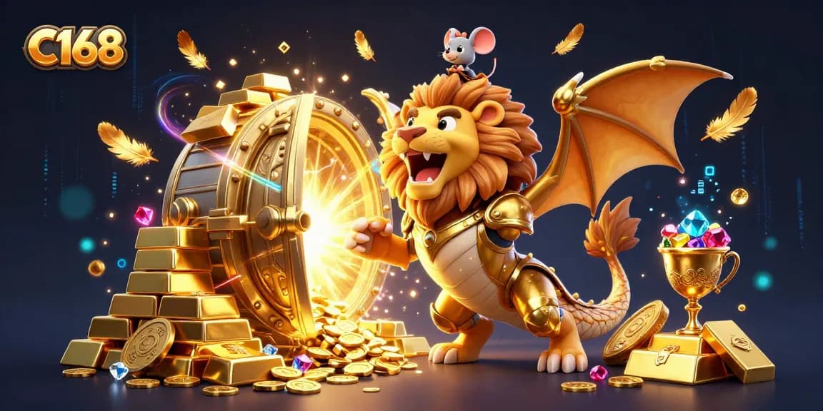 Experience the thrill of C168 with a chimera in golden armor showcasing jackpots amidst dazzling treasures.