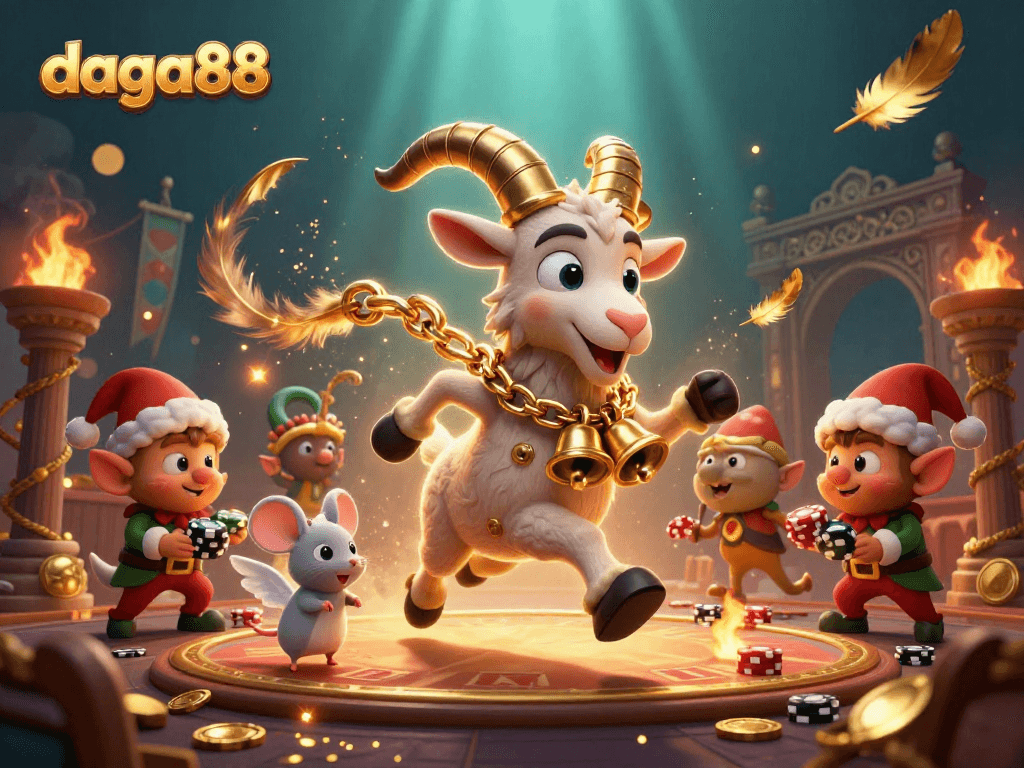 The Daga88 casino scene showcases Krampus and friendly characters amid gambling chaos during festive hours filled with poker chips.
