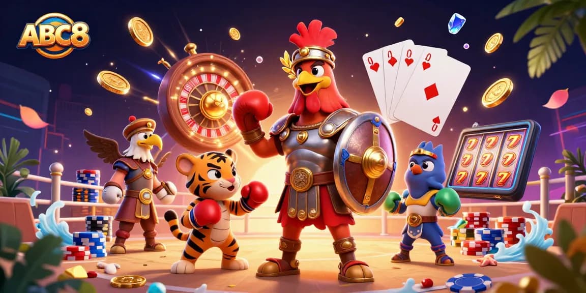 Experience thrilling excitement at ABC8's cockfighting arena with a vibrant 3D digital illustration.