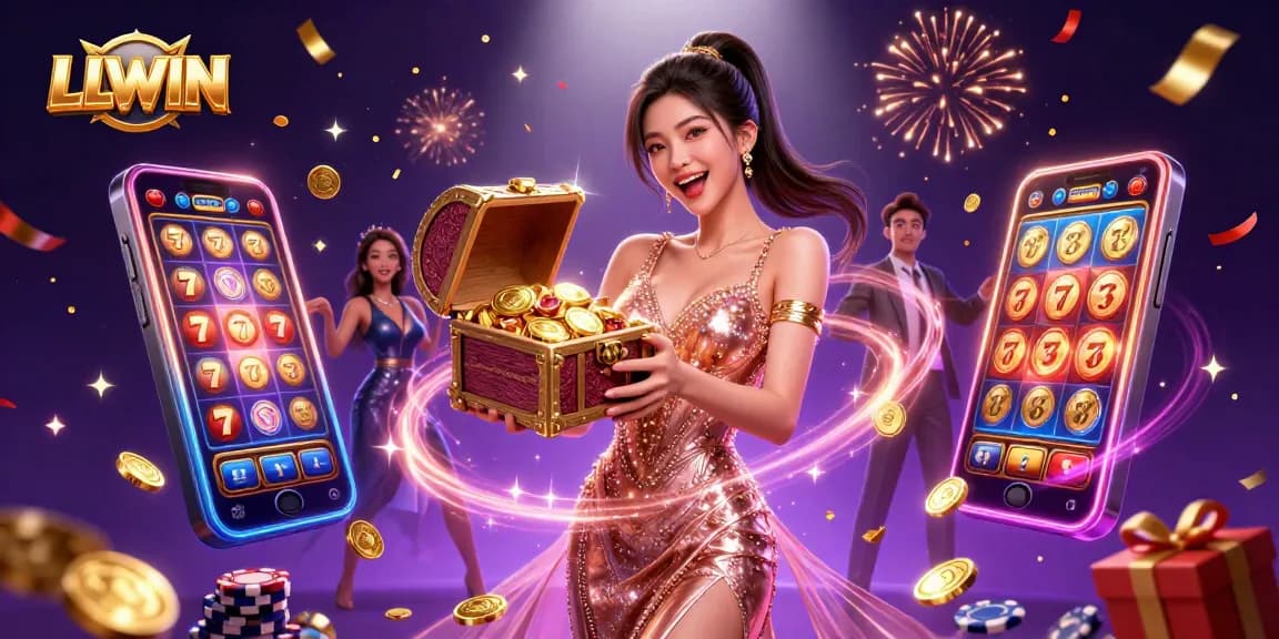 LLWIN showcases an Asian woman celebrating casino wins with an overflowing treasure chest, vibrant gaming elements.