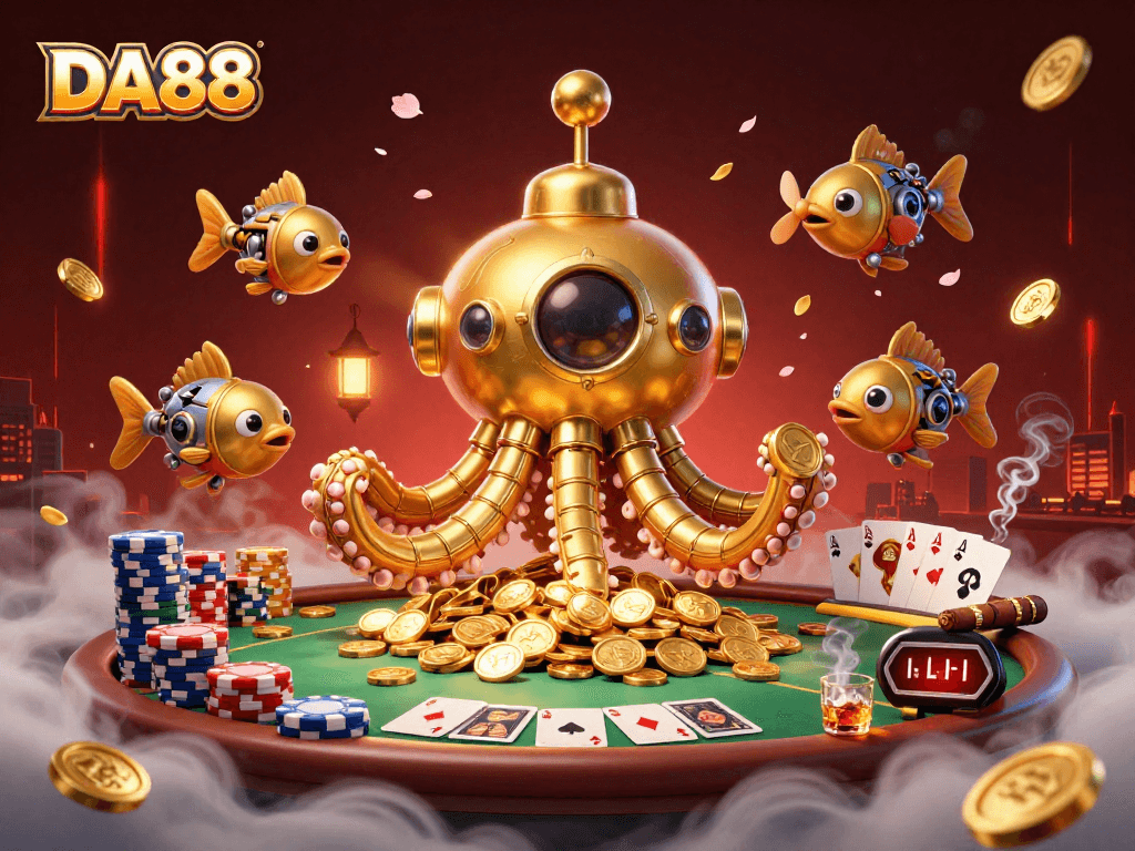 Engaging DA88 poker scene featuring a golden kraken submarine and vibrant casino elements.