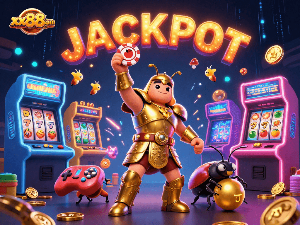 Engage in thrilling gameplay with xx88com's vibrant digital casino scene featuring an armored beetle champion.