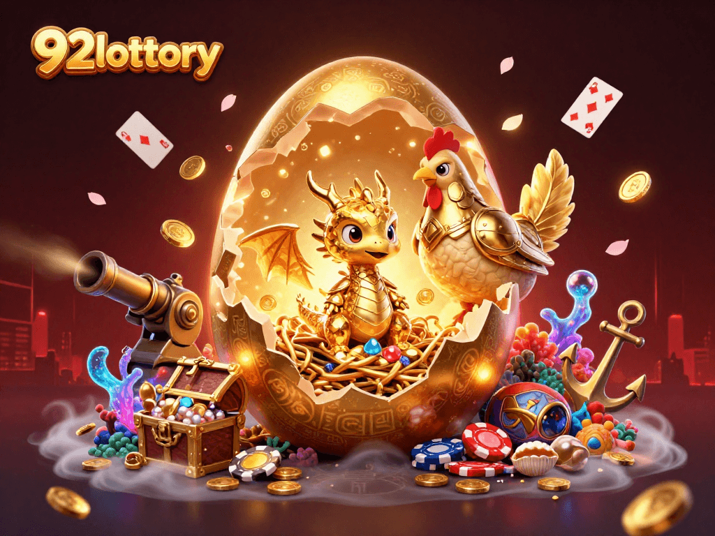 Experience the thrill of 92lottery as the golden dragon reveals riches, surrounded by vibrant casino elements.