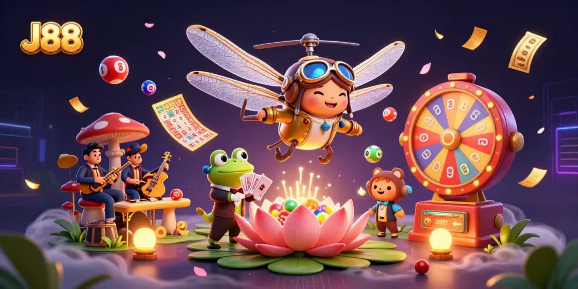 Experience J88's vibrant casino atmosphere with a dragonfly pilot, frog croupier, and exciting game elements.