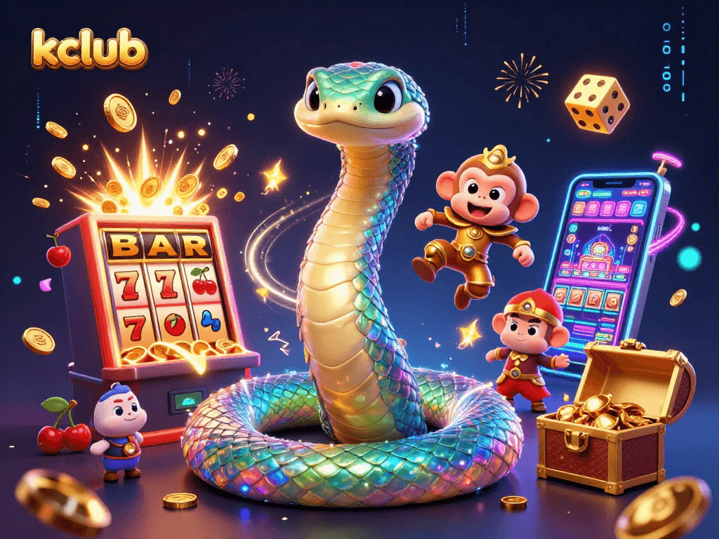 Play the exciting games at kclub with a vibrant 3D scene of jackpots, a rainbow serpent, and a monkey king.