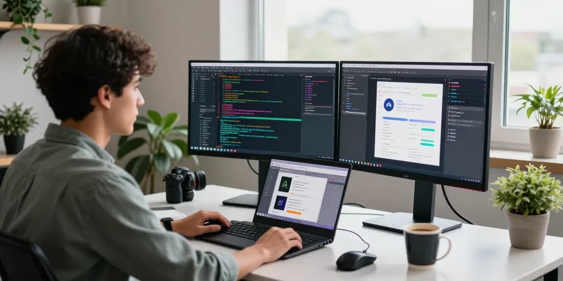 Developer coding at modern workspace with dual monitors showing sc88 programming interface.