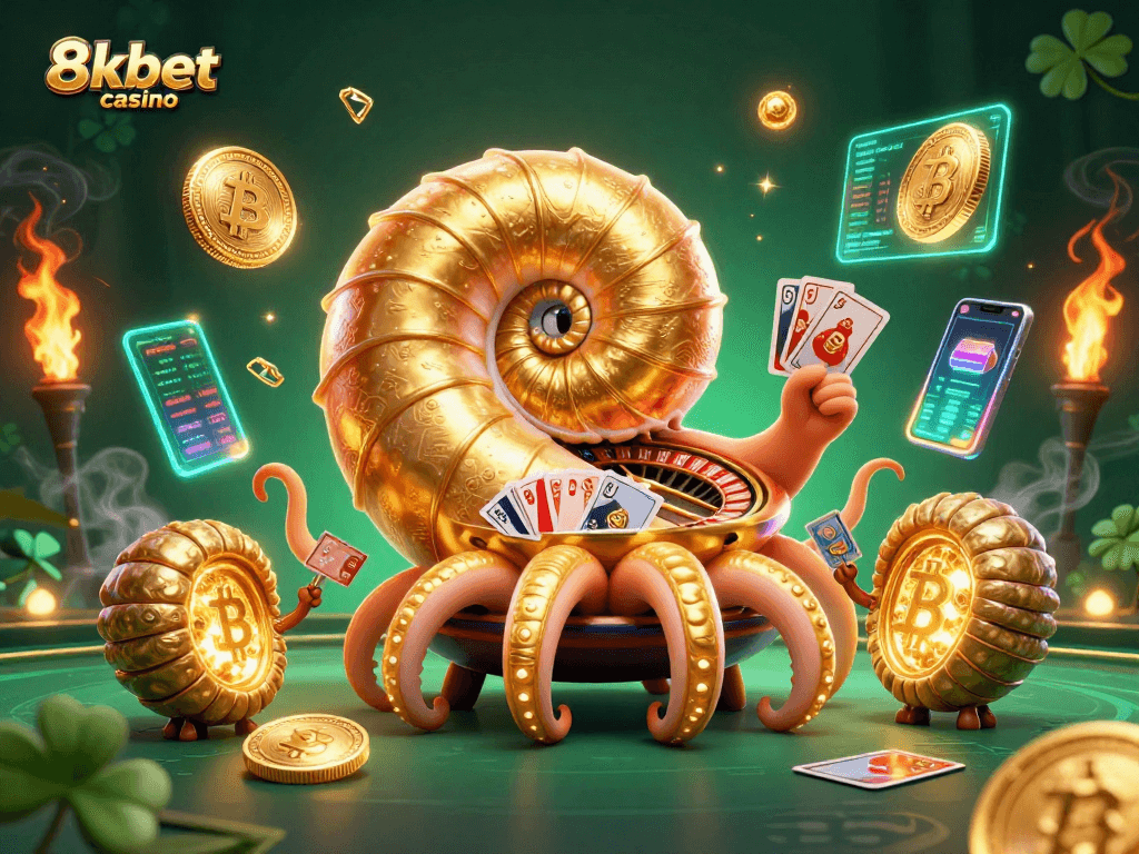 Experience thrilling gameplay at 8kbet casino, featuring a vibrant scene of a giant nautilus and rich casino elements.