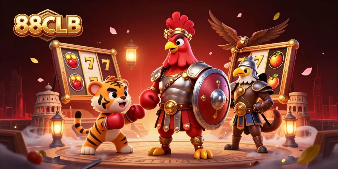 Join 88CLB's thrilling gambling scene with a rooster gladiator, tiger cub, and festive elements.