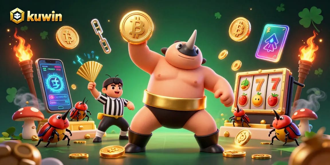 kuwin game scene with sumo beetle champion, Bitcoin coins, and vibrant energy