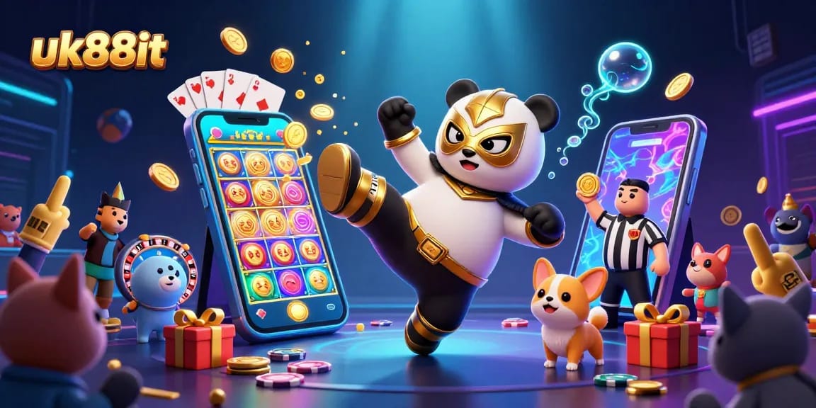 uk88it hosts a vibrant 3D casino scene with a panda wrestler and exciting gaming elements