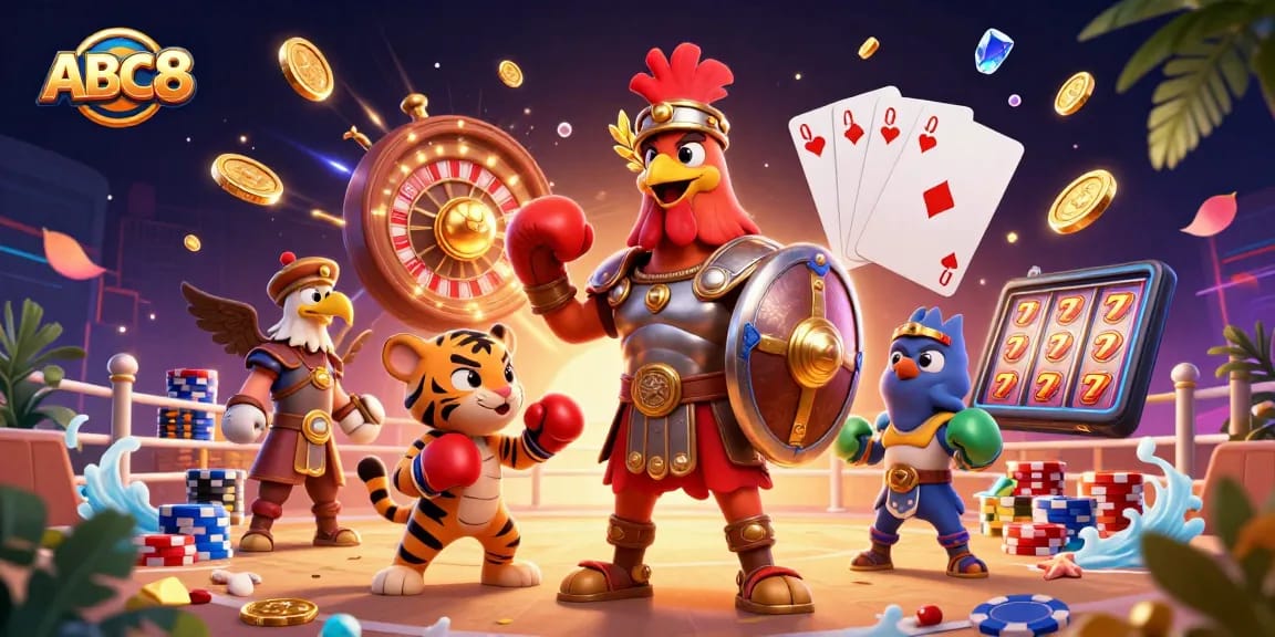 Experience thrilling excitement at ABC8's cockfighting arena with a vibrant 3D digital illustration.