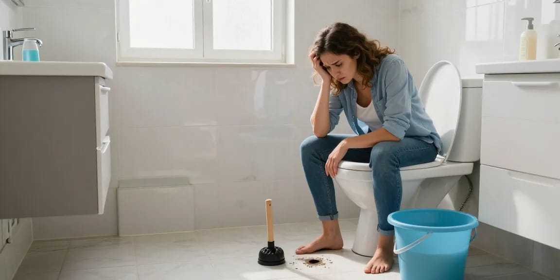 Probleem met een verstopte wc in een badkamer, met een rubberen ontstopper en emmer warm water.
