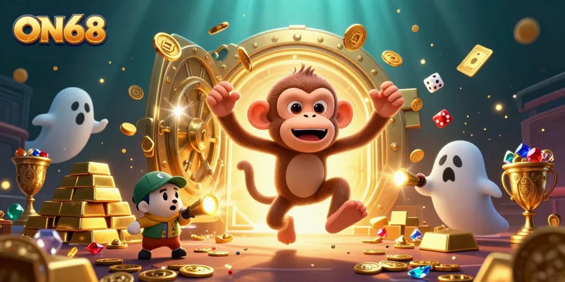 Immerse in ON68's haunted casino with a playful poltergeist monkey juggling treasures.