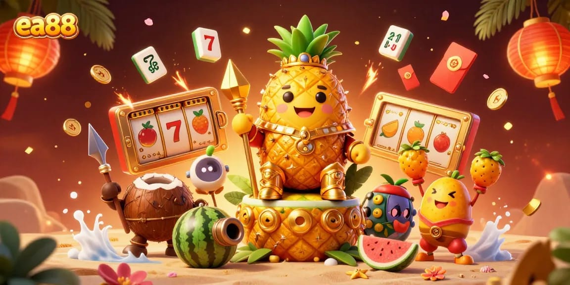Engage with ea88's vibrant casino scene featuring a golden pineapple king and thrilling game elements.