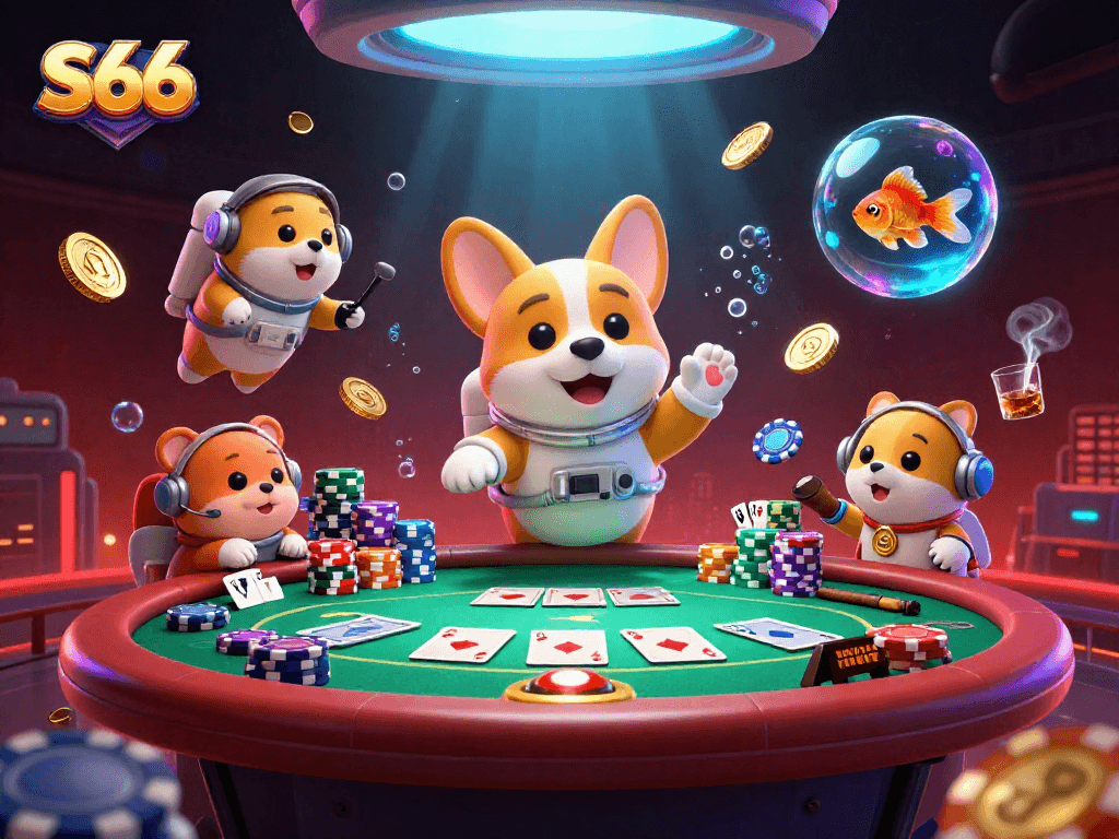 S66 features a vibrant space casino scene with an astronaut corgi playing poker among floating chips and glowing lights.