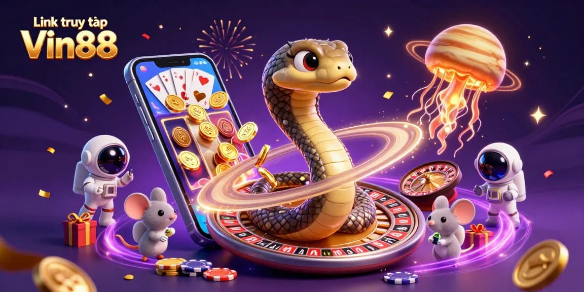 Place bets at Link truy cập Vin88 with vibrant 3D casino gaming elements and astronaut mice.