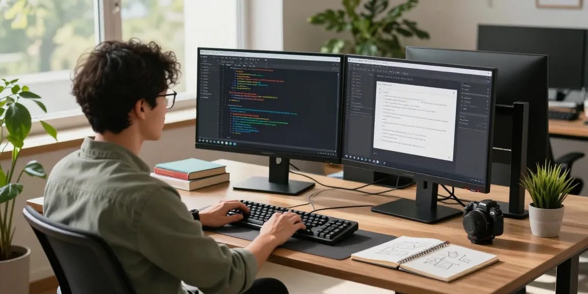 Build internal tools with AI in a dynamic software engineering workspace with dual monitors and a creative atmosphere.