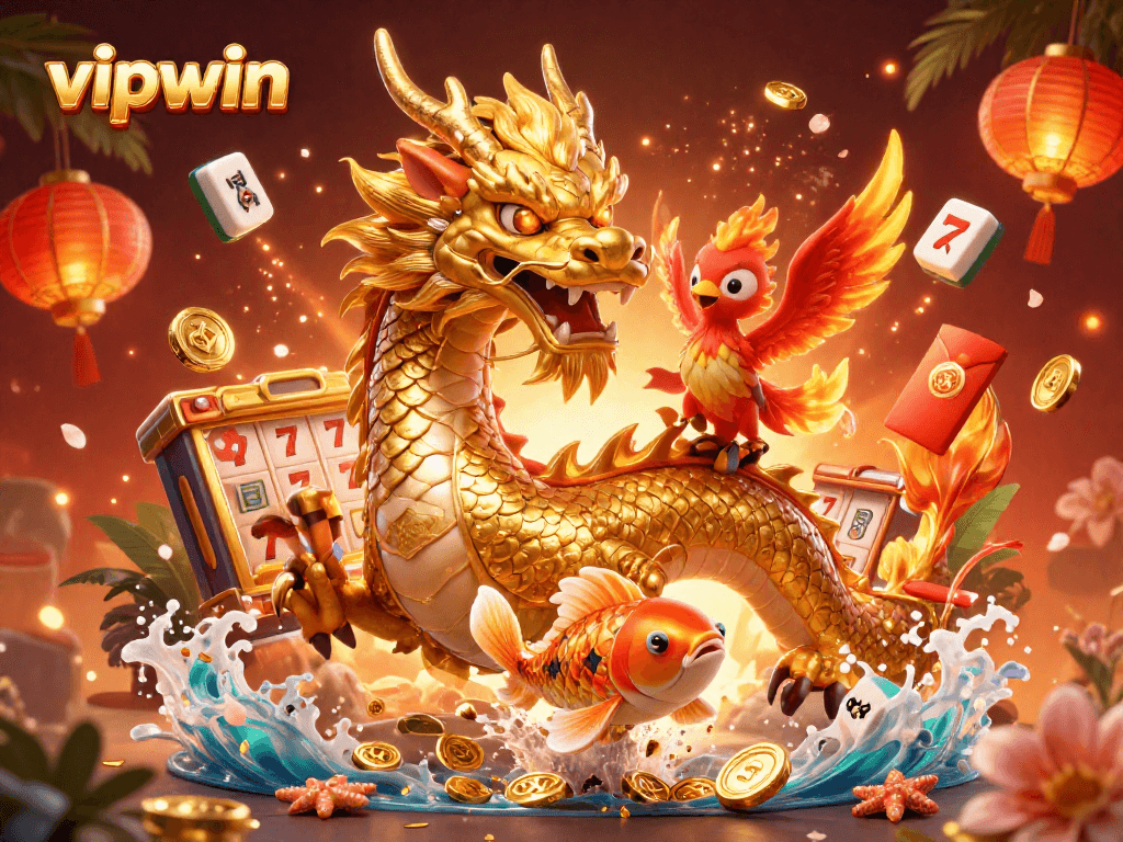 Bet on vipwin while experiencing a powerful golden dragon, lucky koi fish, and vibrant casino elements.