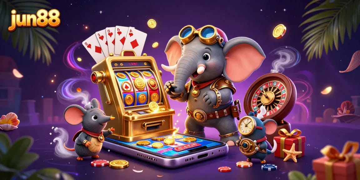 Win big at jun88 with a steampunk elephant operating a vibrant golden slot machine among dynamic casino elements.
