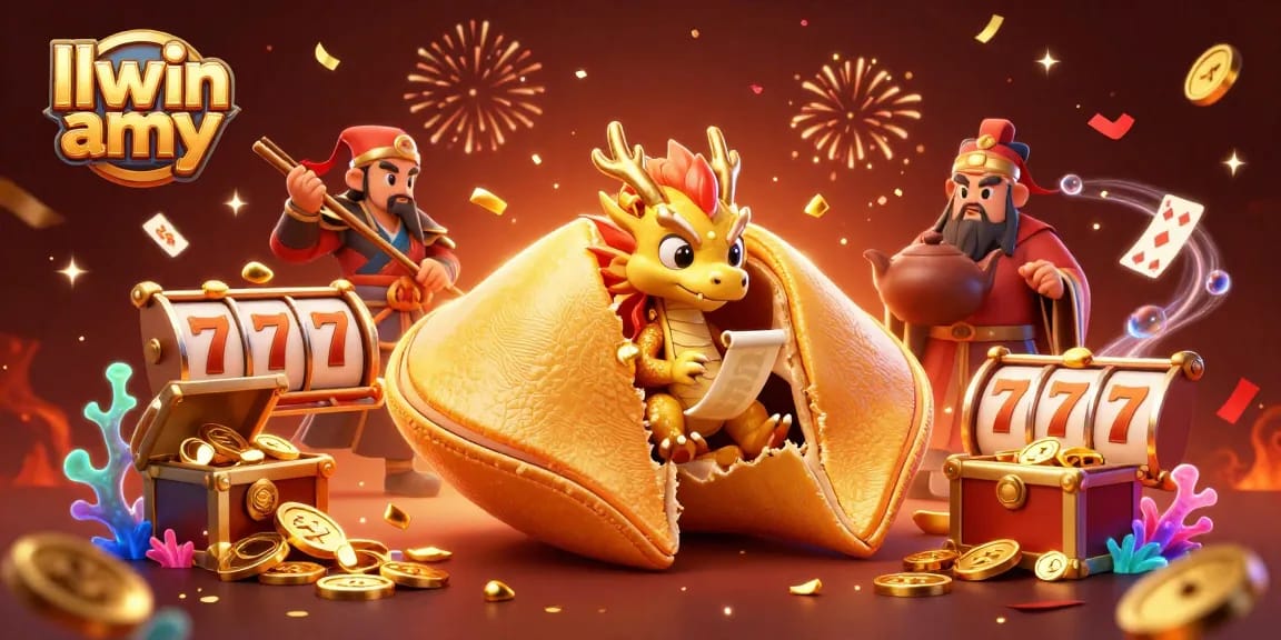 Experience gaming excitement with llwin army's vibrant casino scene featuring fortune cookie and dragons.