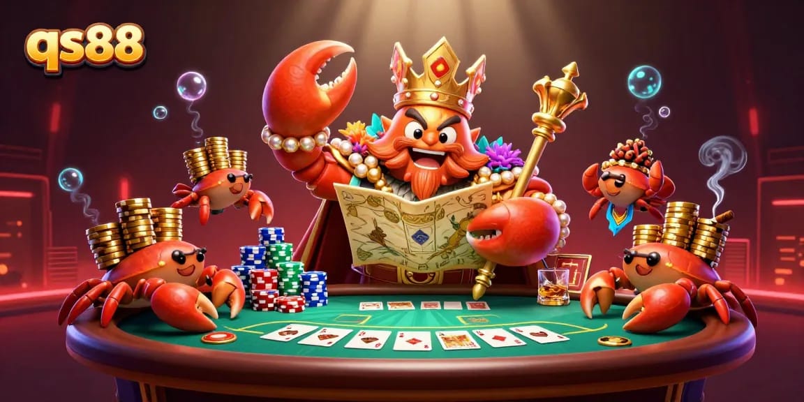 Engage with the dynamic qs88 casino scene featuring a golden crab emperor and poker elements.