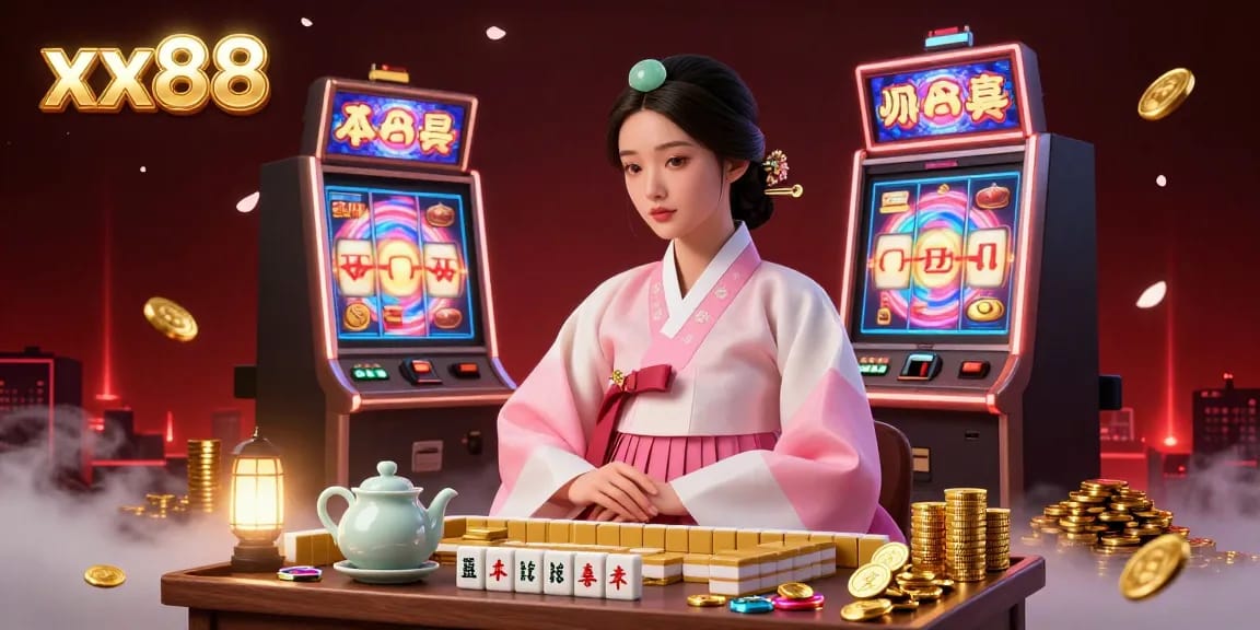 Experience high-stakes action with xx88's vibrant casino scene showcasing spinning slot machines and colorful coins.