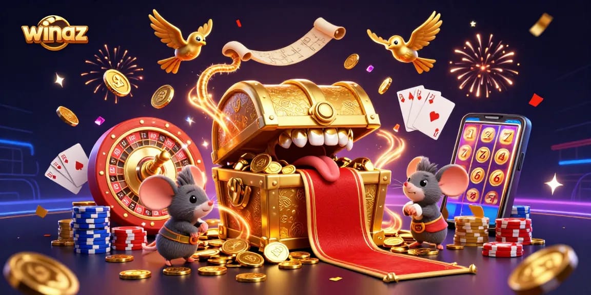 Winaz lures players with a treasure chest in a vibrant casino scene filled with adventure.