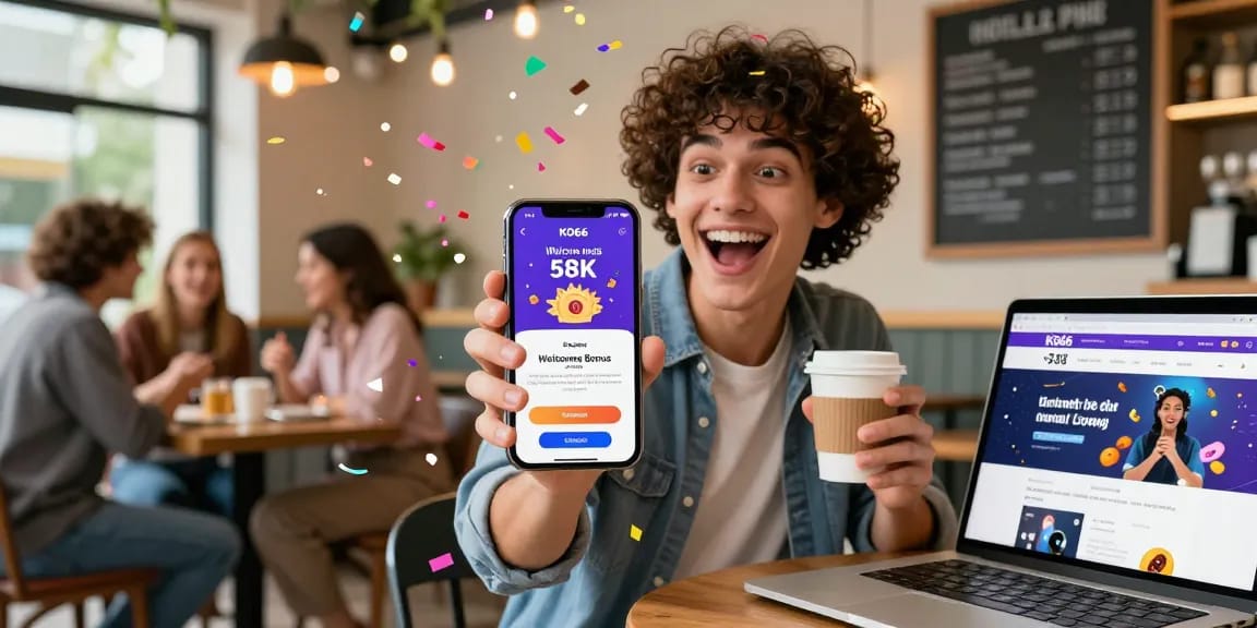 Excited user engaging with KO66 app receiving a 58K welcome bonus in a vibrant cafe.