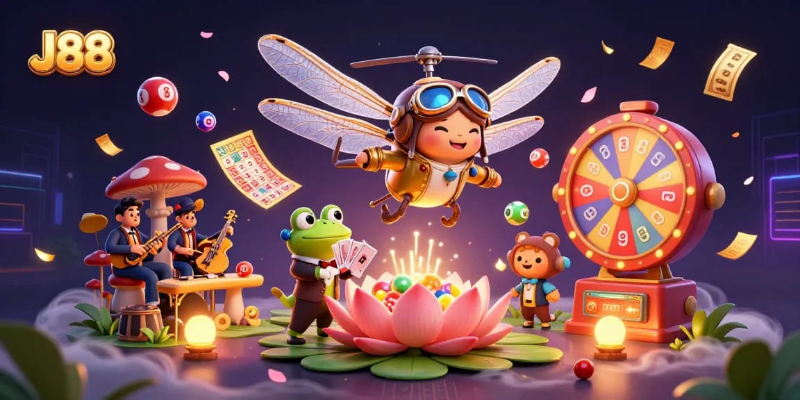 Experience J88's vibrant casino atmosphere with a dragonfly pilot, frog croupier, and exciting game elements.
