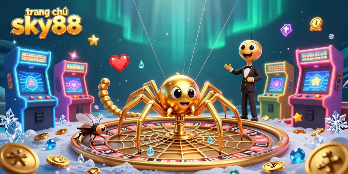 Spin to win at trang chủ sky88 with a golden spider, roulette wheel, and vibrant casino games.
