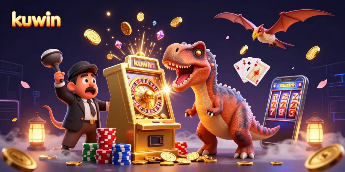 kuwin's exciting online casino experience with animated creatures and golden coins in vibrant 3D illustration