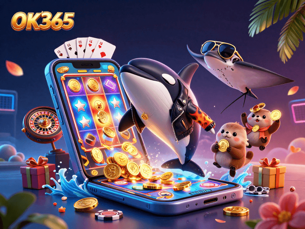 Experience the thrill of spinning slots with OK365's exciting gaming images featuring orcas and otters
