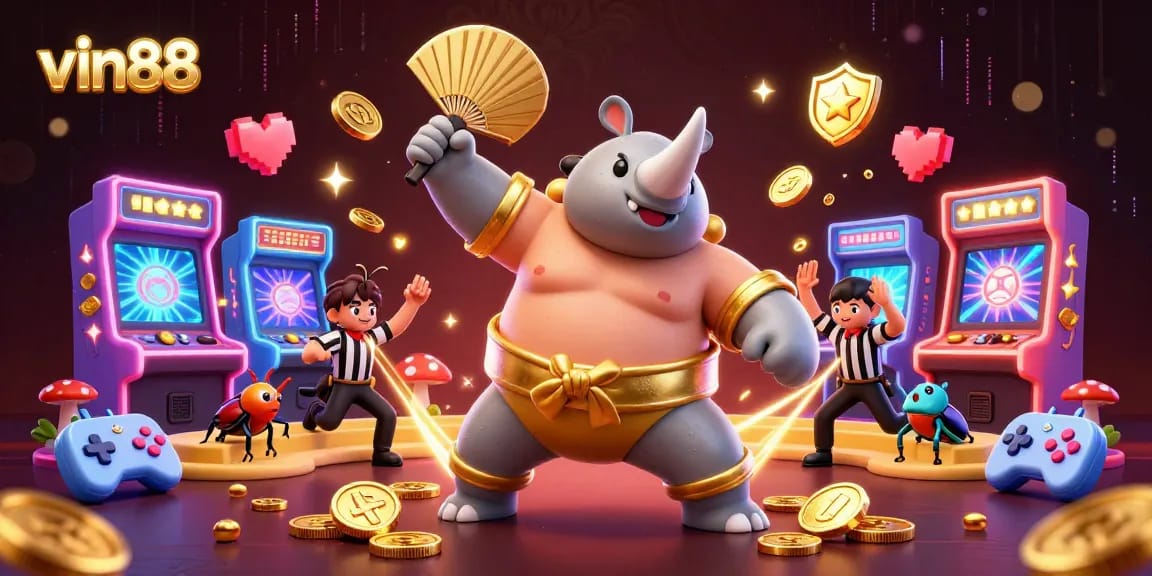 Experience thrilling gameplay with vin88, featuring a dynamic sumo champ and exciting casino elements.