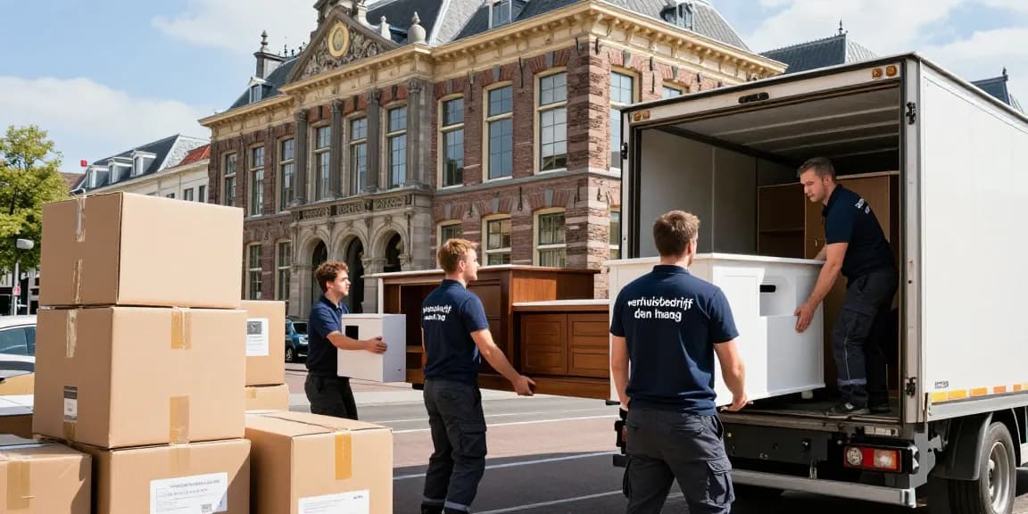 Professional team from verhuisbedrijf den haag efficiently moving furniture in a bustling urban setting.