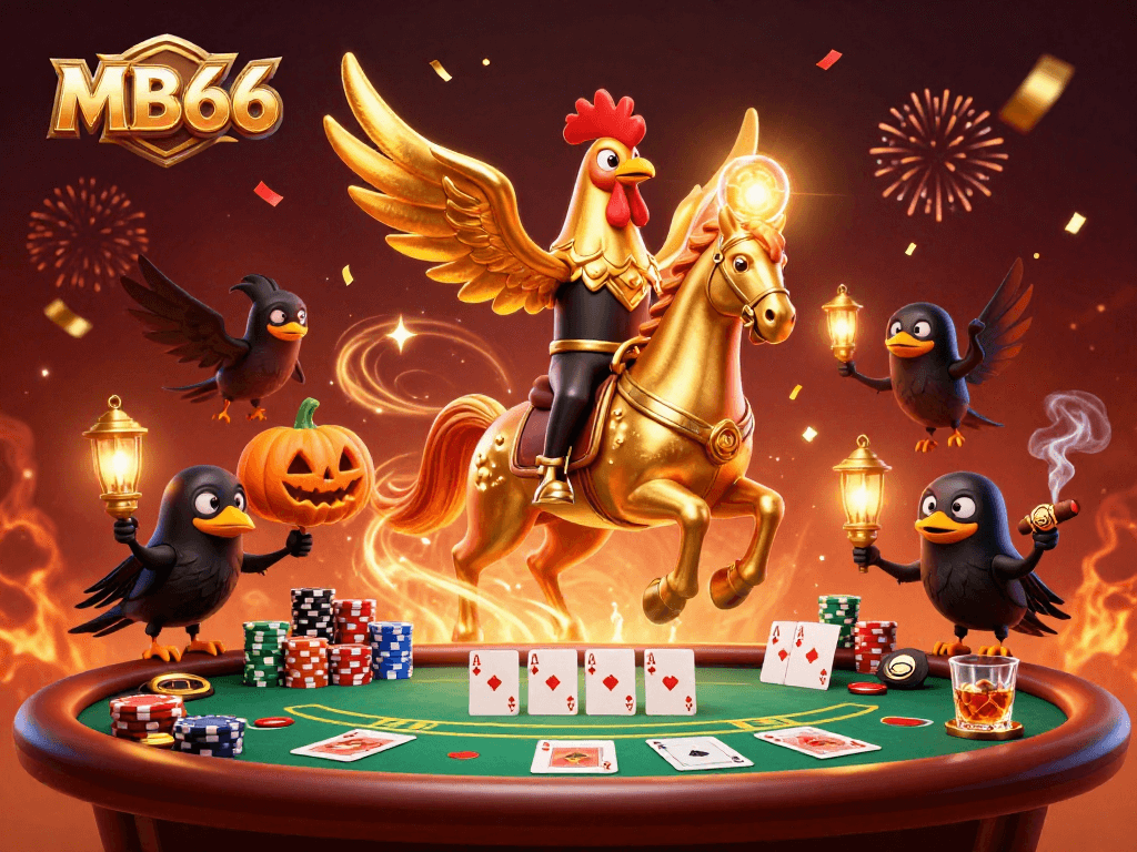 Experience thrilling gaming at MB66 with a golden rooster in a spectral casino scene.