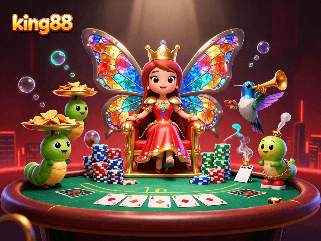 king88 highlights a vibrant 3D scene of a butterfly queen presiding over a poker game with shimmering chips.