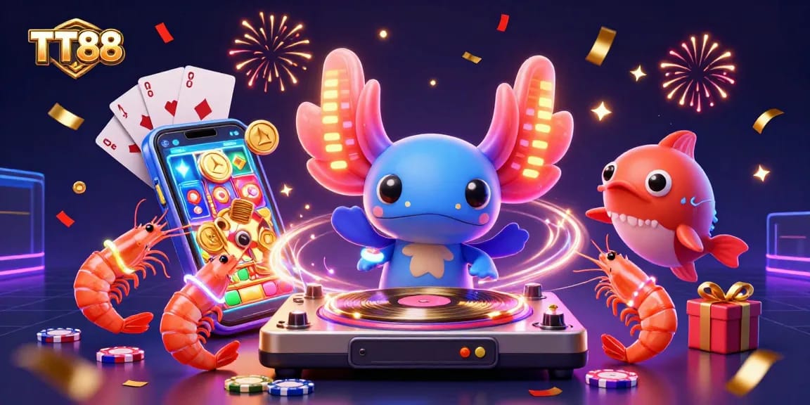 TT88 vibrant casino illustration featuring a colorful DJ axolotl, dancing shrimp, and gaming elements.