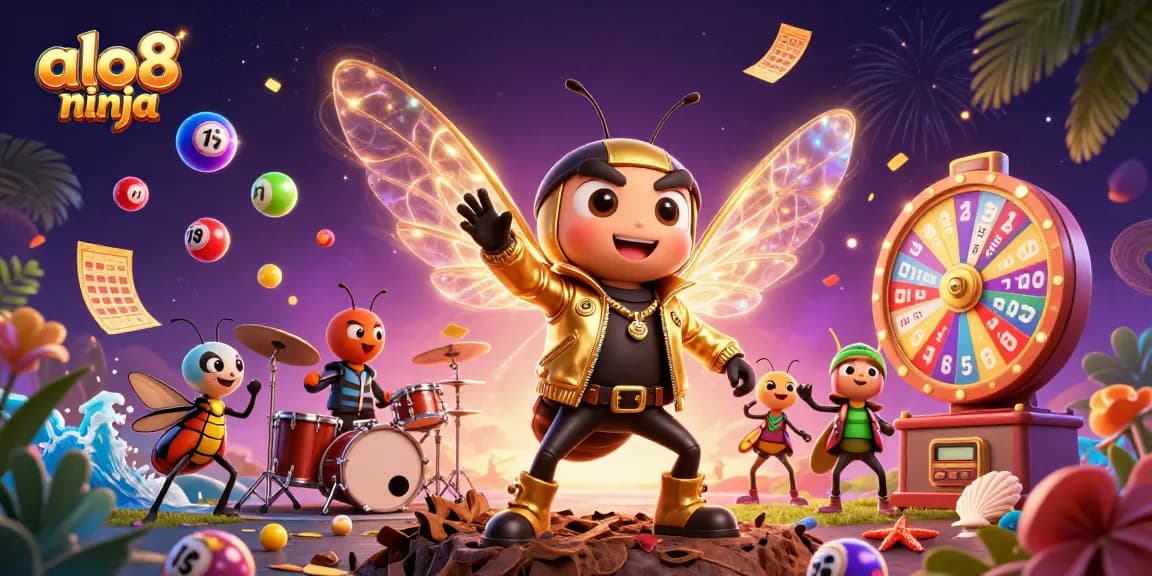 Bet big with ALO8 Ninja, as the exciting casino scene bursts with lottery balls, spinning prizes, and vibrant characters.