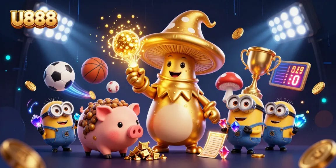 Experience the magic of U888 with a golden mushroom wizard and treasures in this vibrant gaming scene.