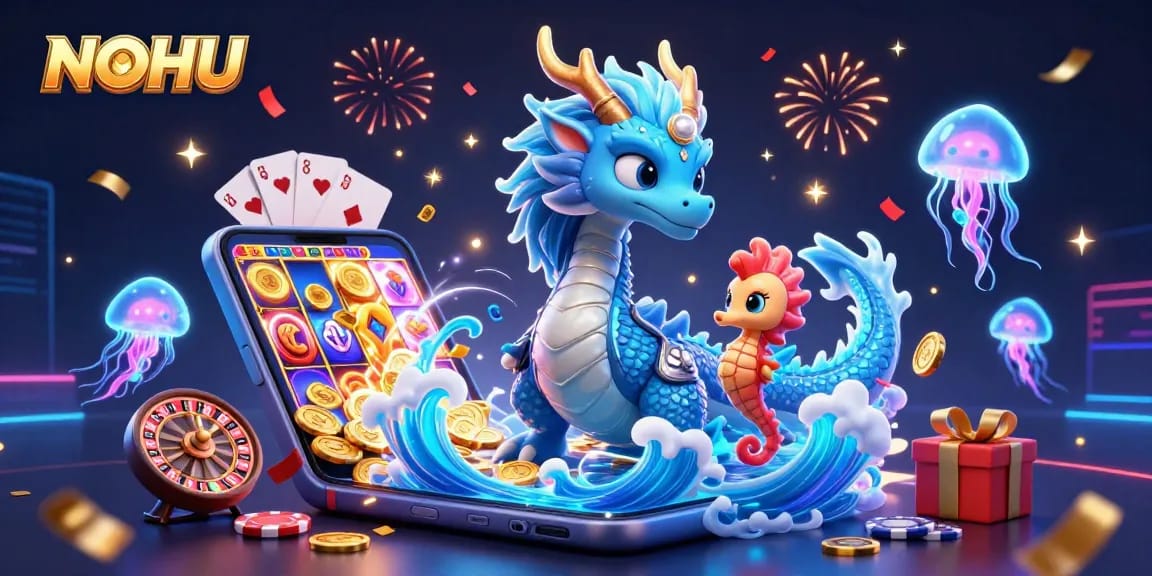Engage in thrilling NOHU gaming with vibrant 3D characters and dynamic casino elements.