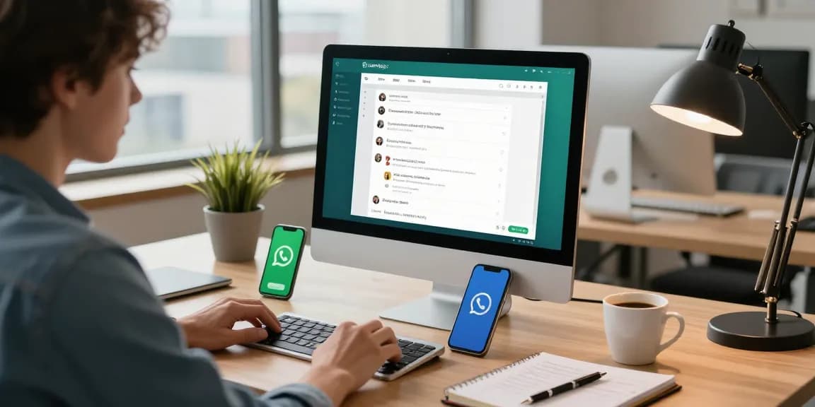 Engaging with WhatsApp電腦版 in a modern workspace setting, featuring user interface and productivity elements.