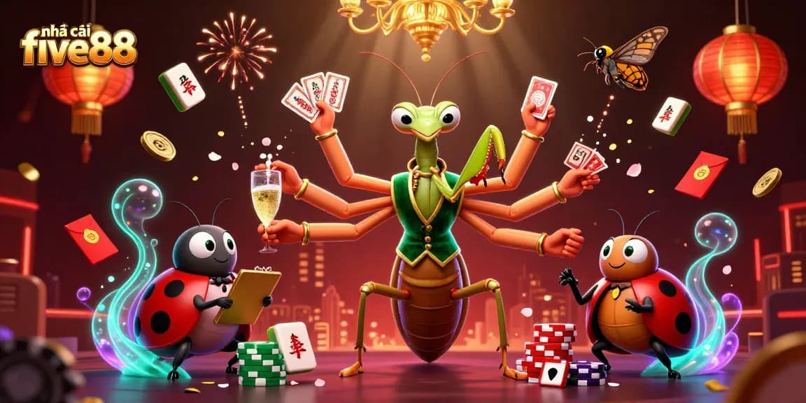 Experience the excitement of nhà cái five88 with a vibrant casino-themed 3D scene featuring a giant mantis and ladybug characters.