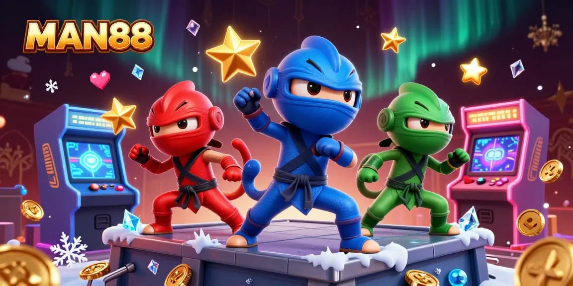 Experience the thrill of MAN88 with a vibrant casino scene featuring ninja chameleons.