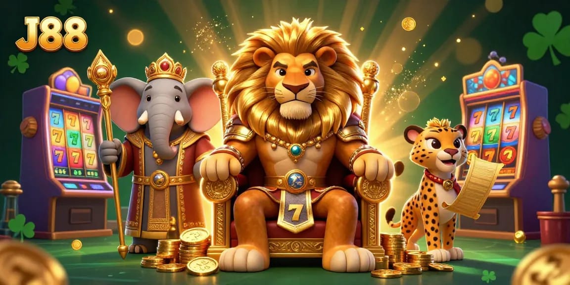 Experience the thrill of J88 slots with vibrant characters and colorful elements in this dynamic casino scene.
