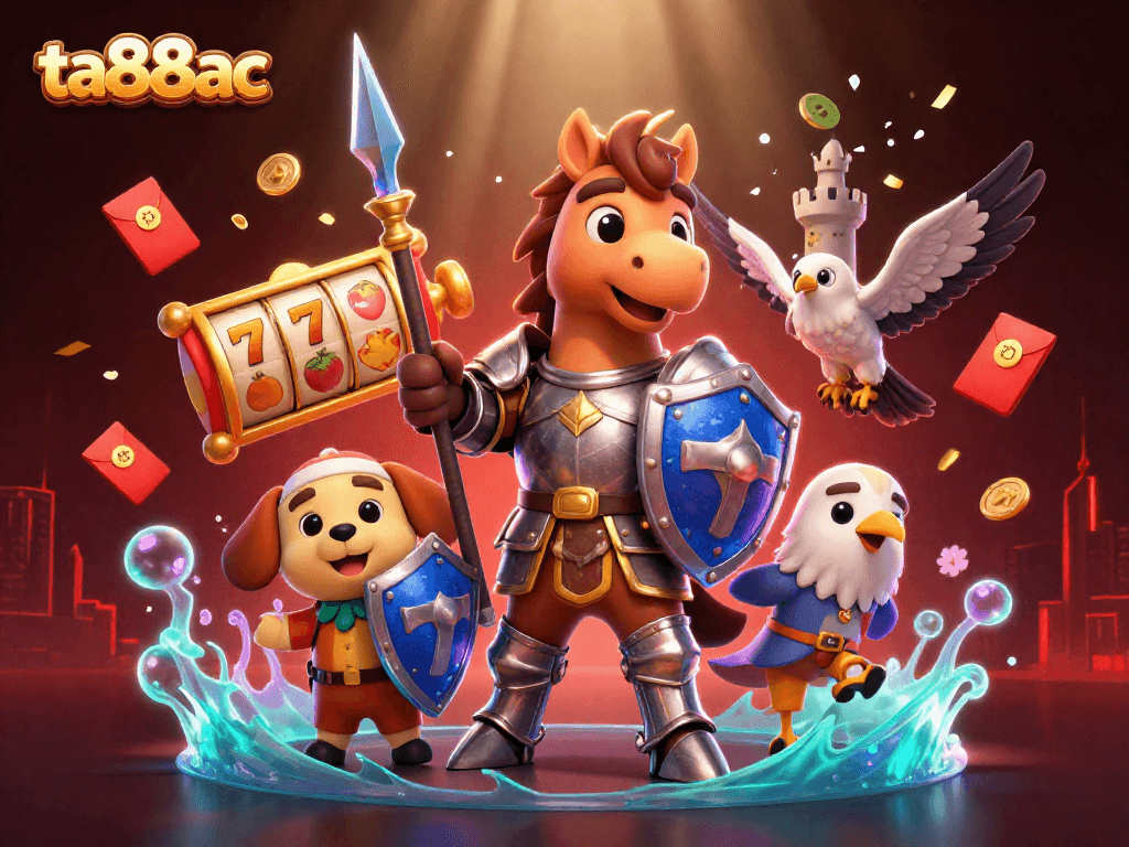 Join the adventure with ta88ac in a vibrant casino scene filled with lucky symbols and dynamic characters.