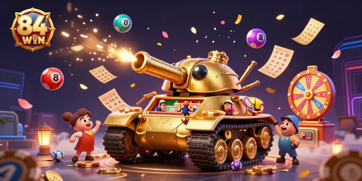 Experience thrilling gameplay at 84WIN with a dynamic 3D illustration of a mini casino in a golden tank.