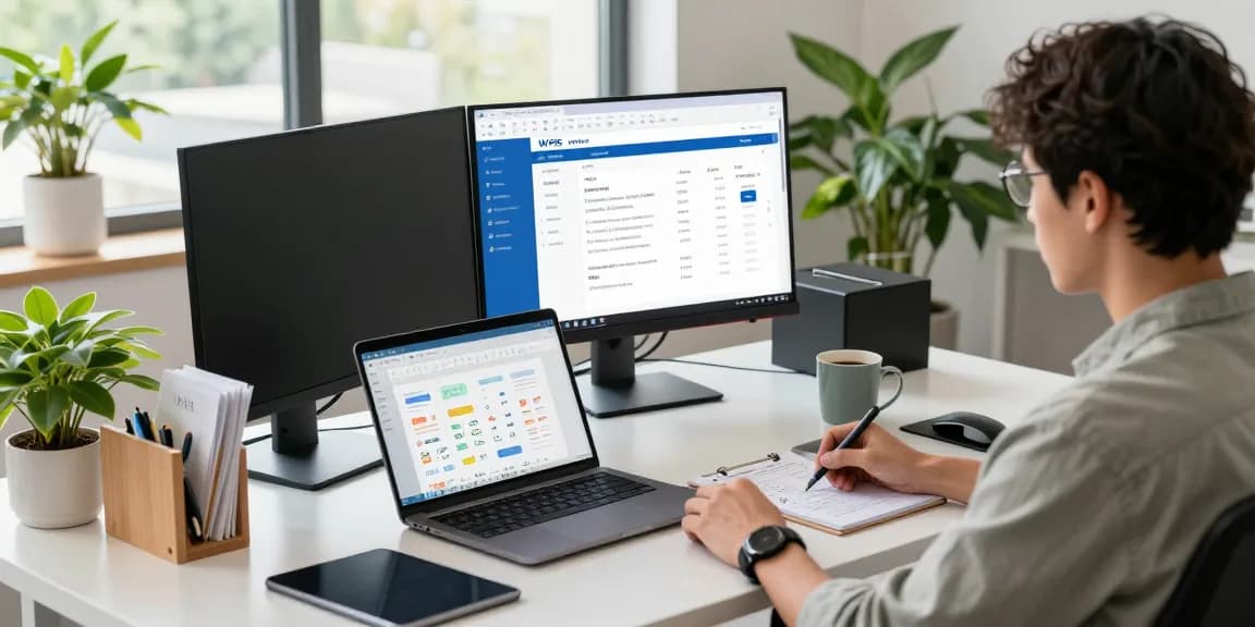 Download WPS Office in a modern workspace with tech tools, laptop, and natural light.