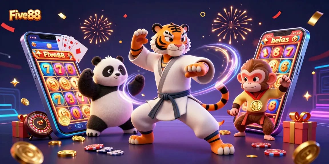 Play exciting games at Five88, featuring dynamic slot action and vibrant casino illustrations.