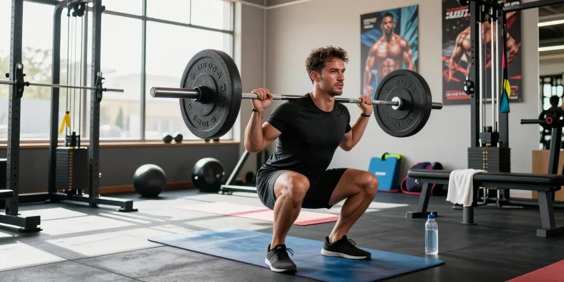 Prime Pharma Steroiden Winkel: Toewijding en kracht in de sportschool met een bodybuilder die squats uitvoert.